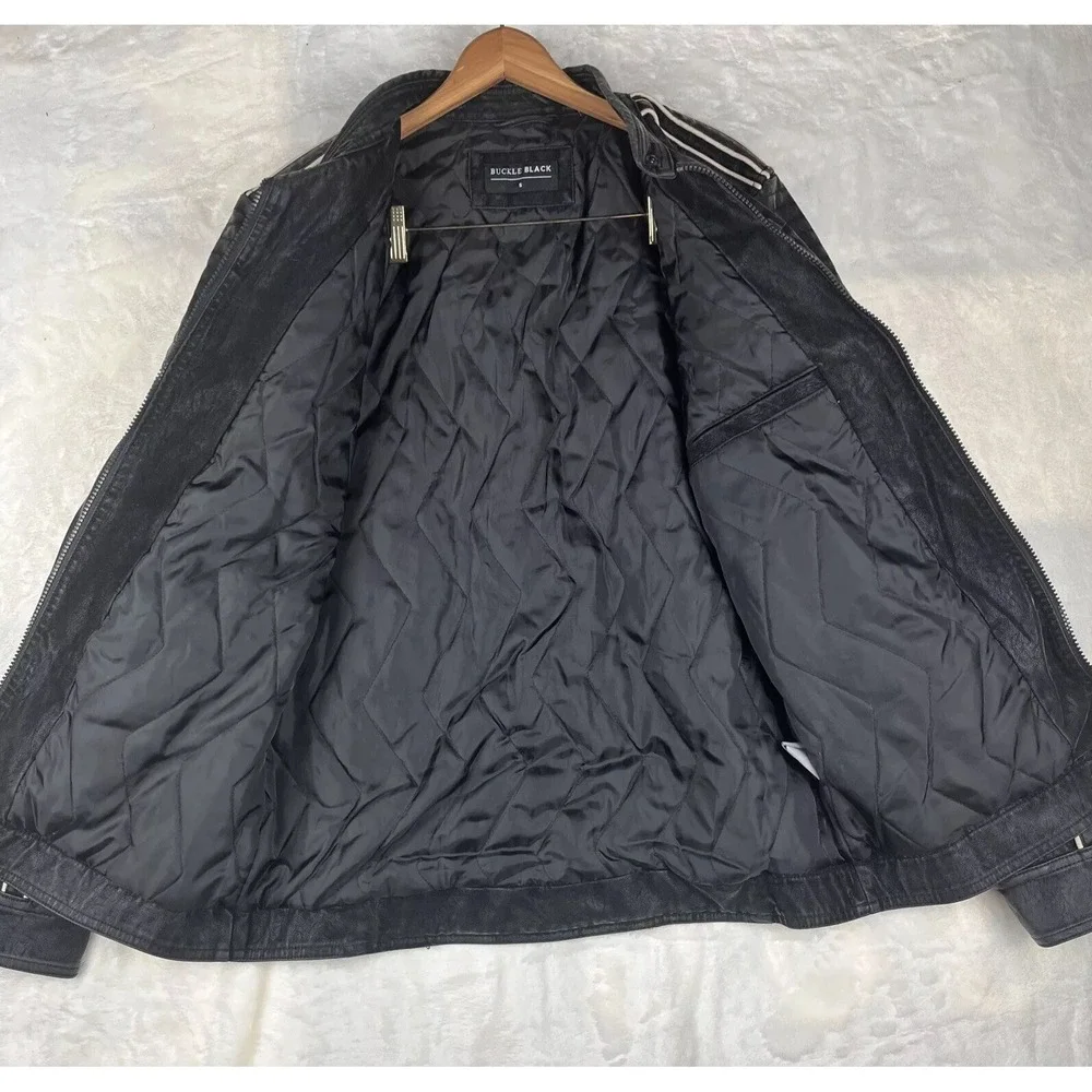 Buckle‎ Faux Suede Jacket Men's Small Black Distressed Zip Biker Piping Details
